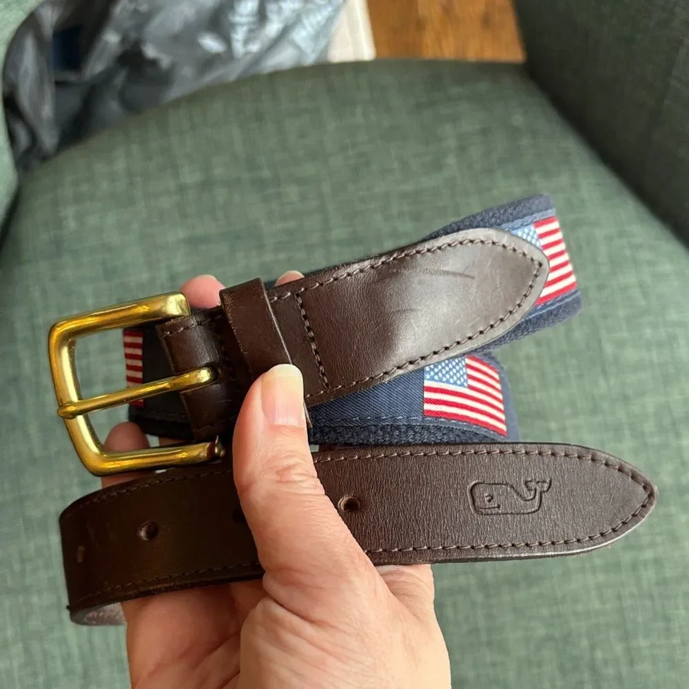 Vineyard Vines boys kids USA Flag America Brown Leather & Navy Flag Belt size 30
